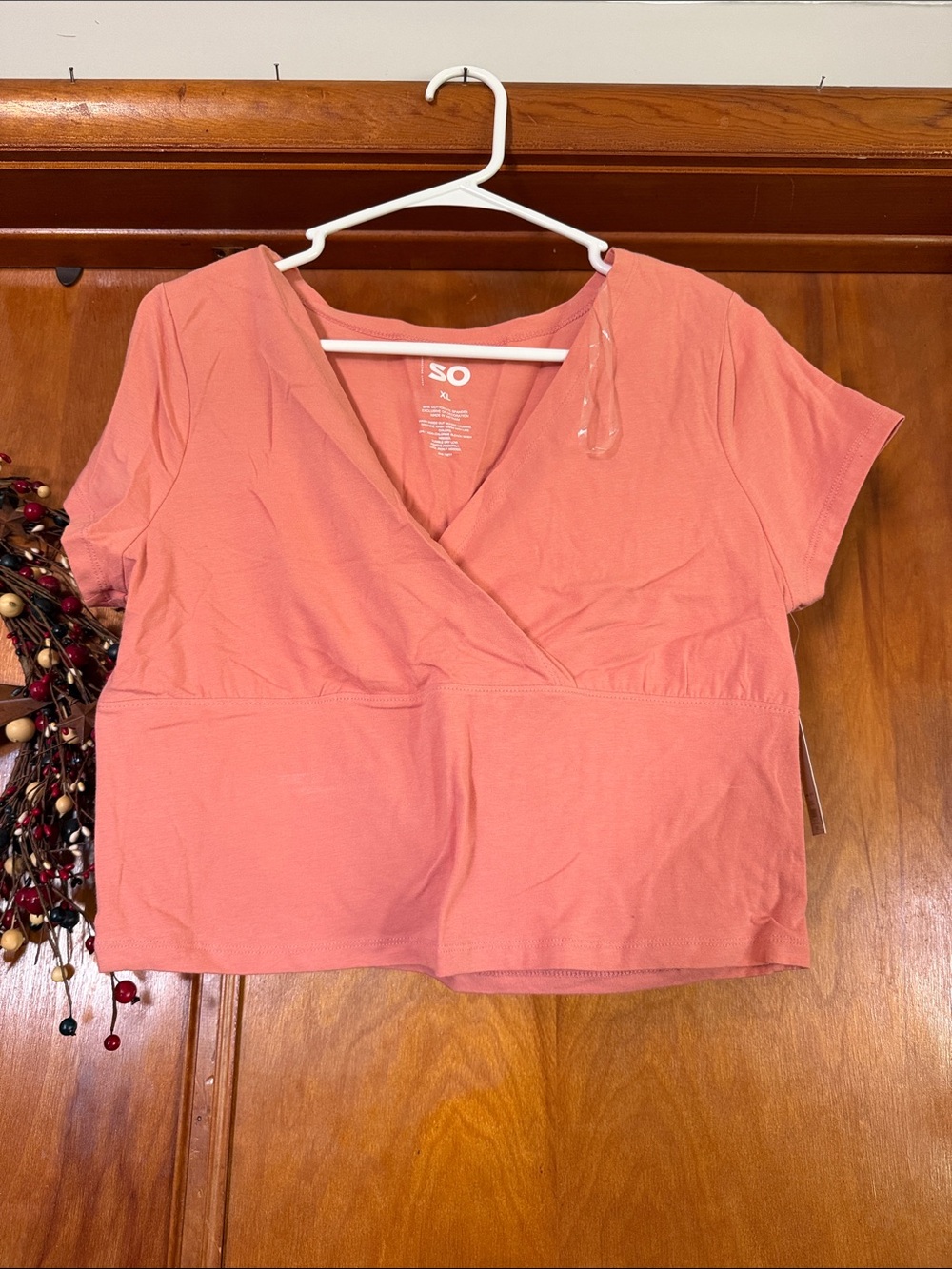SO Coral Wrap-Front Short Sleeve Crop Top